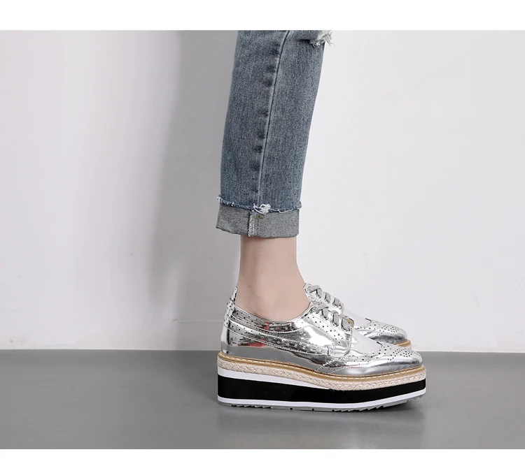 Women Platform Oxfords Brogue Flats Shoes Patent Leather Lace Up Square Toe Brand Female Footwear Shoes For Women Creepers Black (9)