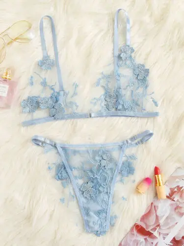 Blue UK сексуальный женский прозрачный кружевной бюстгальтер без косточек с цветочным принтом, Комплект трусов, нижнее белье, 6-18 - Color: Blue