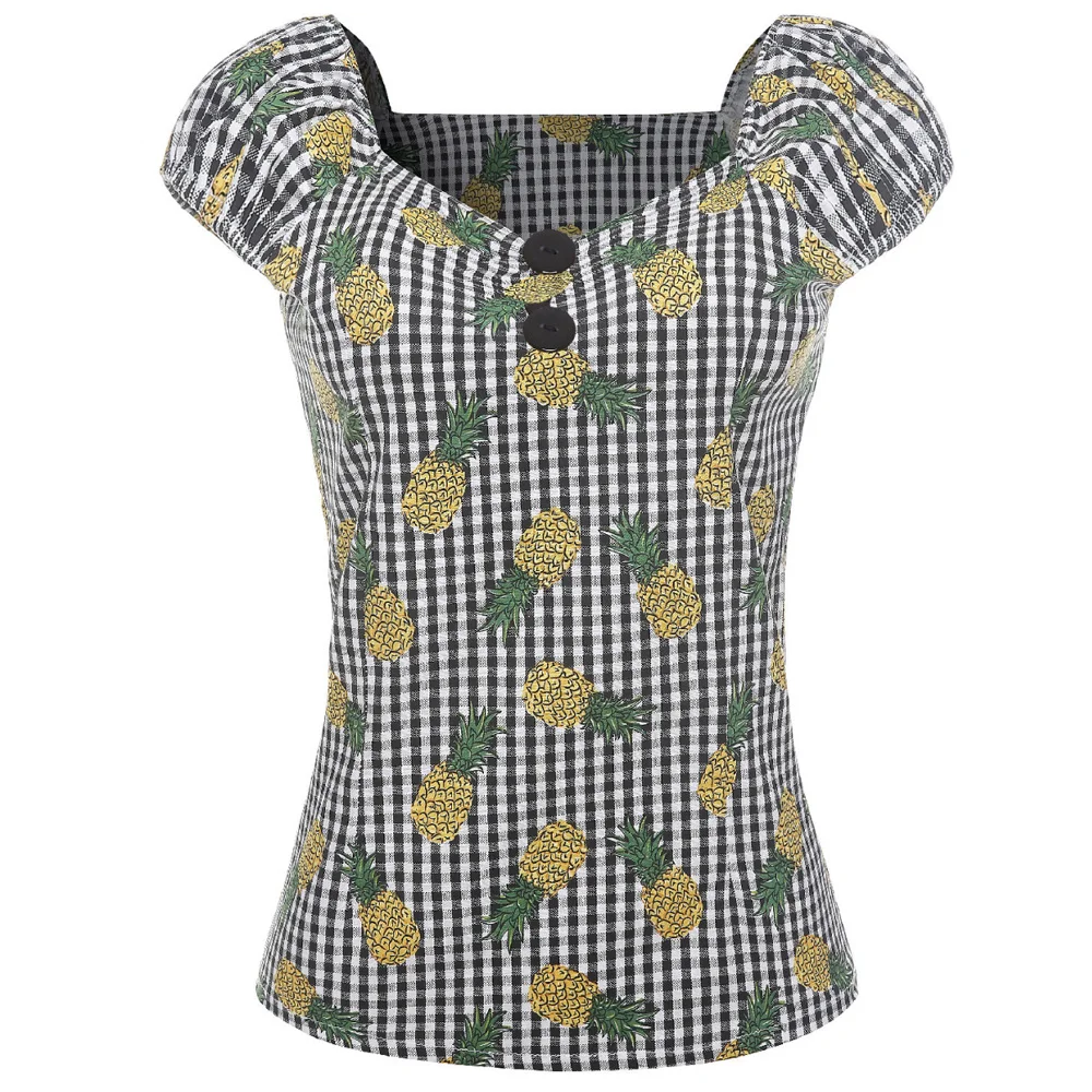 

Joineles Women Pineapple Print T-shirt Summer New Cotton Shirts V Neck Short Sleeves Retro Women Floral Tops Casual T Shirts