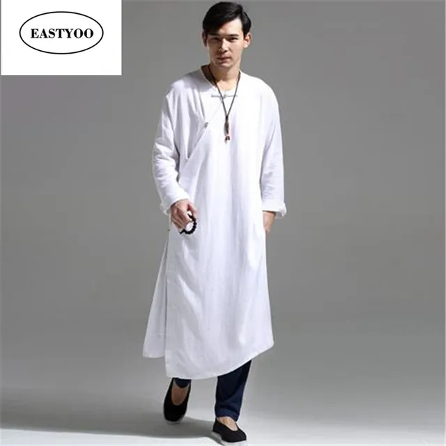 Long Dress Men Cotton Linen White Monk Robes Plus Size Beige White