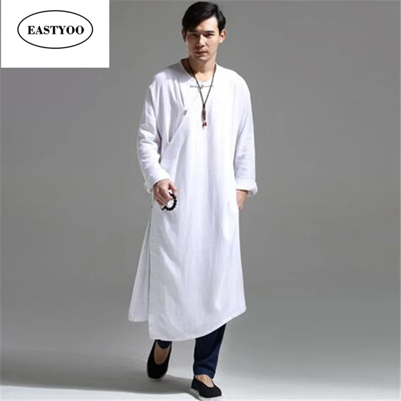 Long Dress Men Cotton Linen White Monk Robes Plus Size Beige White Jubba Thobe Mandarin Collar Long Dress Men Hanfu