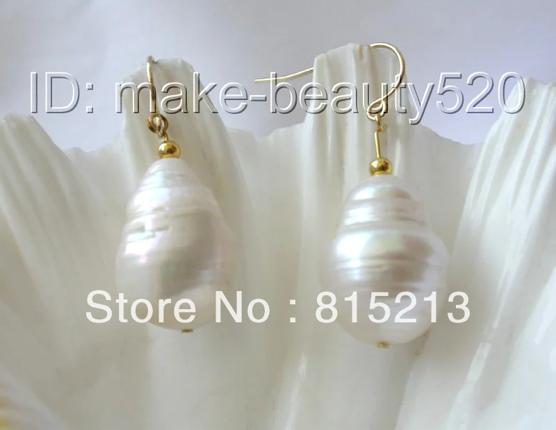 

wb0099 big 20mm baroque white keshi reborn freshwater pearl dangle earrings 14KGP