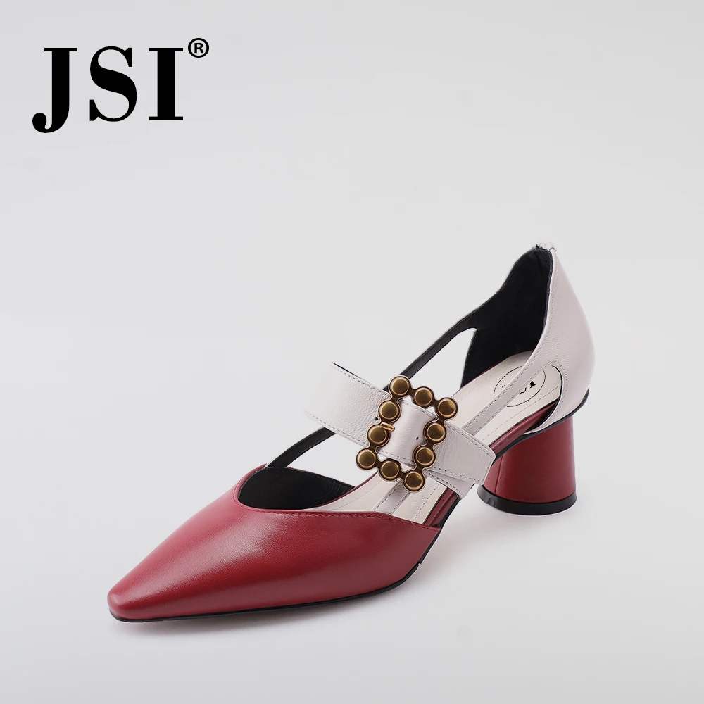 

JSI 2019Summer New Genuine Leather Sexy Pointed Toe Casual Basic Breathable Woman Pumps Square Heel Metal Buckle Lady Shoes JO14
