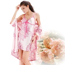 Цветочный принт, атласное кимоно, ночная рубашка, комплект, Атласный халат и платье, шелковый халат, домашние женские халаты, пижамы, комплект