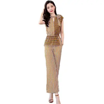 

2019 New Summer Women Korean Office Lady Sets Female Short Sleeve Tops + Wide Leg Pants Sets Ladies Slim Striped 2 Piece Set F38
