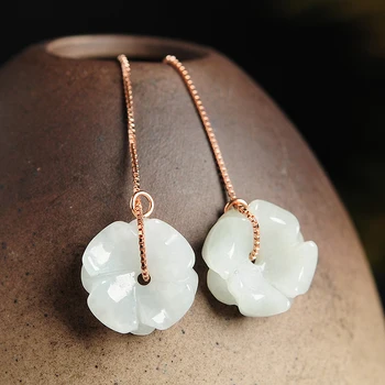 

Natural Women'S Fine Jewelry 925 Silver Inlaid Natural Authentic A Goods Jade Flower Earrings Free Shipping