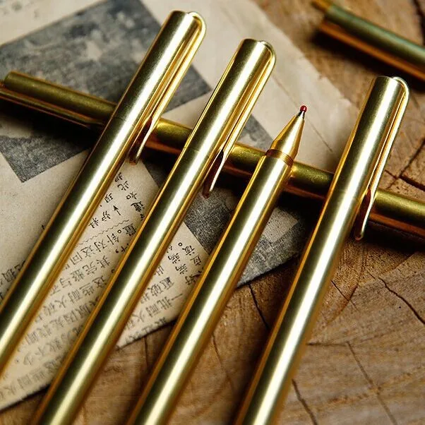 Handmade-Pure-Brass-tactical-Ballpoint-Pen-School-Pen-Refillable-Gel-Pen-Pen-Bag-High-Quality-Free