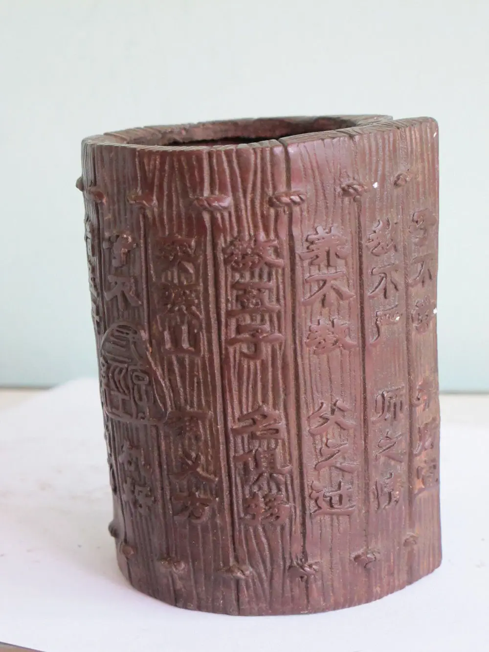 

China folk Red bronze Carve The Three-Character Classic tree skin pen container