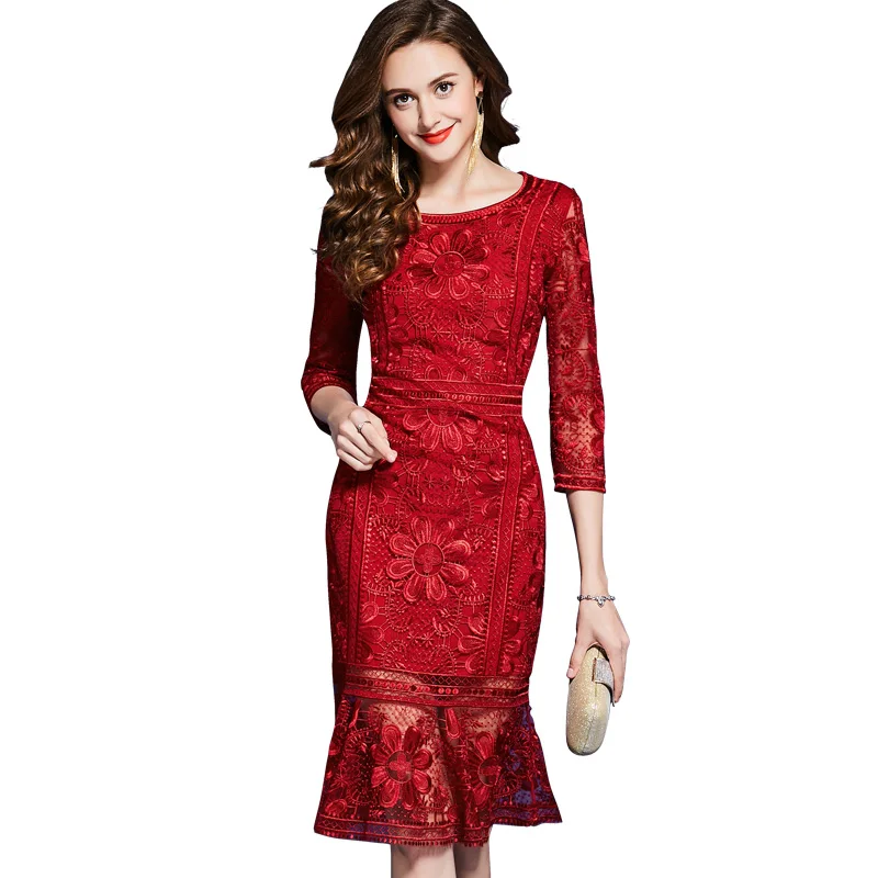 

Luxury Flower Appliques Women Dress Fashion O-Neck Long Sleeve Mermaid Dresses