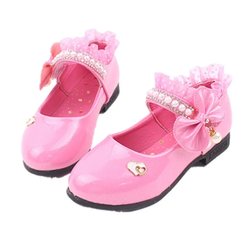 Детские весенние и летние Новые детские обувь детская Шнуровка с бантиком инкрустированные жемчужные туфли принцессы элегантные туфли на плоской подошве#1 - Цвет: pink colour