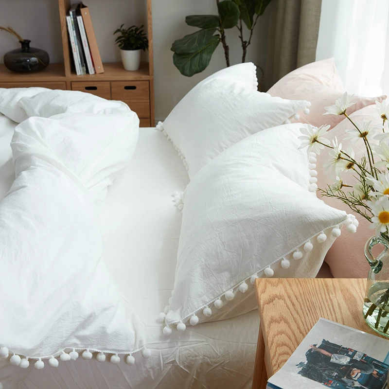 100% Cotton Bedding Sets Simple Style White Balls Soft Bed Linings King Queen Twin Size Duvet Cover Flat Sheet Pillowcases Home Textile  (11)