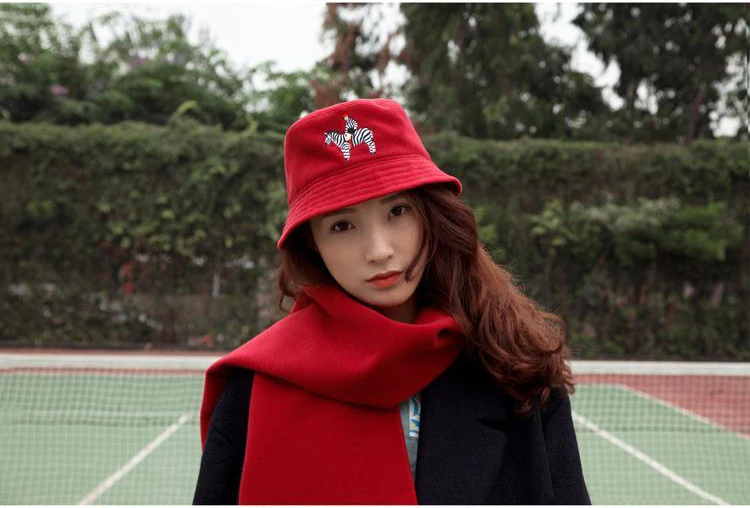 Autumn Winter New Arrival Women's Woolen Bucket Hats Playful Cartoon Embroidery Red Caps Elegant Fashion Cap Warm Lady Bow-knot