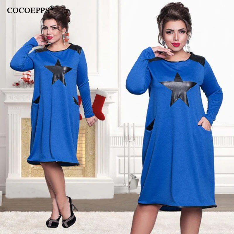 

Party Dress Autumn Ladies Plus Size O-neck Long Sleeve Dress Loose Large Size 6XL Office Print Star Dress L-6XL