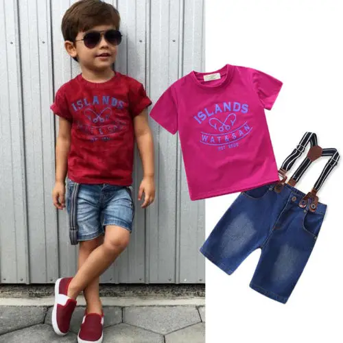 

Toddler Kids Baby Boys Tops T-shirt Denim Hot Pants Outfits Clothes Set