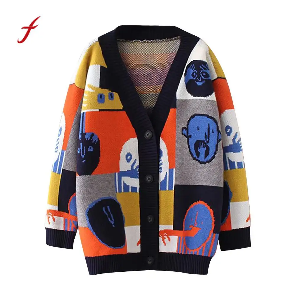 

Women Fashion Cartoon Jacket Doodle Sweater Female 2018 Autumn Winter V-neck Knit Cardigan Warm Brief Sweaters Clothing