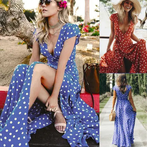 

Women Summer Boho Long Maxi Dress Fashion V-Neck Floral Dot Short Sleeves Party Beach Dress Sundress