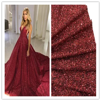 

Wine red glued glitter lace fabric on sale glitter mesh material for evening dress