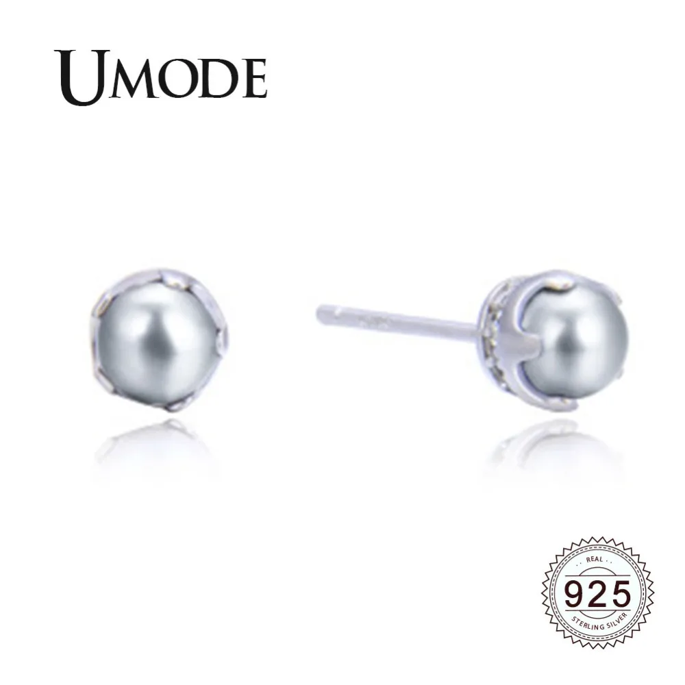 UMODE New White Round Pearl 925 Sterling Silver Stud Earrings for Women Small Cute Studs Gold Jewelry ALE0491 | Украшения и
