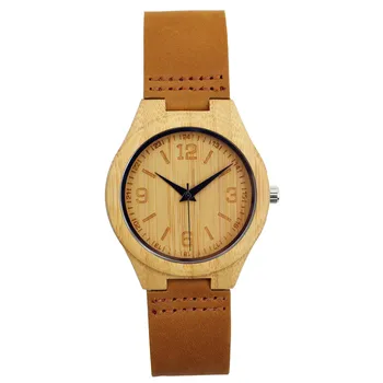 

2017 New Genuine Leather Bamboo Wooden Watch Men's Women's Wrist Quarzt Watch Nature Bamboo Clock Top Bangle eloj de madera