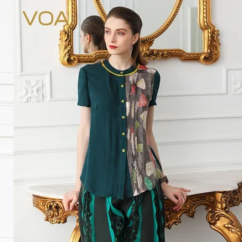 

VOA Silk T Shirt Plus Size Women Tops Casual Basic Slim Dark Green Print Summer Short Sleeve haut femme Harajuku Ladies B537