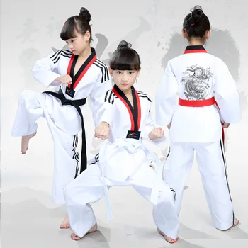 Profesjonalne dzieci taekwondo odzież sztuki walki sztuki walki mundury sztuki walki młodych Taekwondo kostiumy sceniczne tanie i dobre opinie Zestawy Chłopcy 00236 Dobrze pasuje do rozmiaru wybierz swój normalny rozmiar V-neck Sukno Odporna na mechacenie Zapobiegające kurczeniu