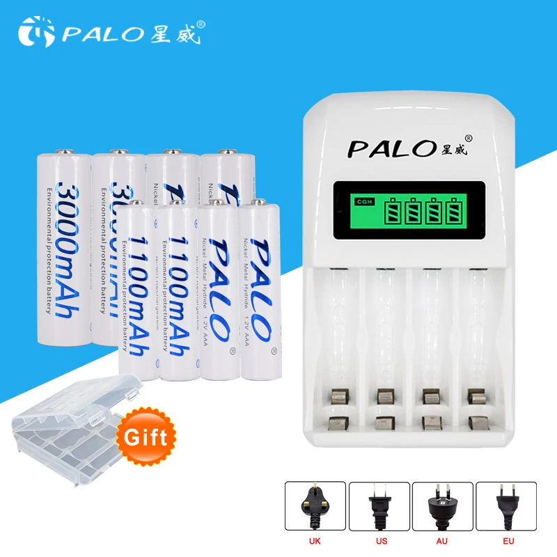 

PALO LCD Charger lcd Display with 4 Slots Quick Smart Charger C907W for AA/AAA Ni-MH Ni-CD Battery+4pcs AA +4pcs AAA Batteries