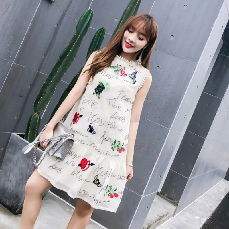 

2019 New Runway high quality letter embroidery sequined vest dress women o neck mini short chiffon summer dresses Vestidos robes