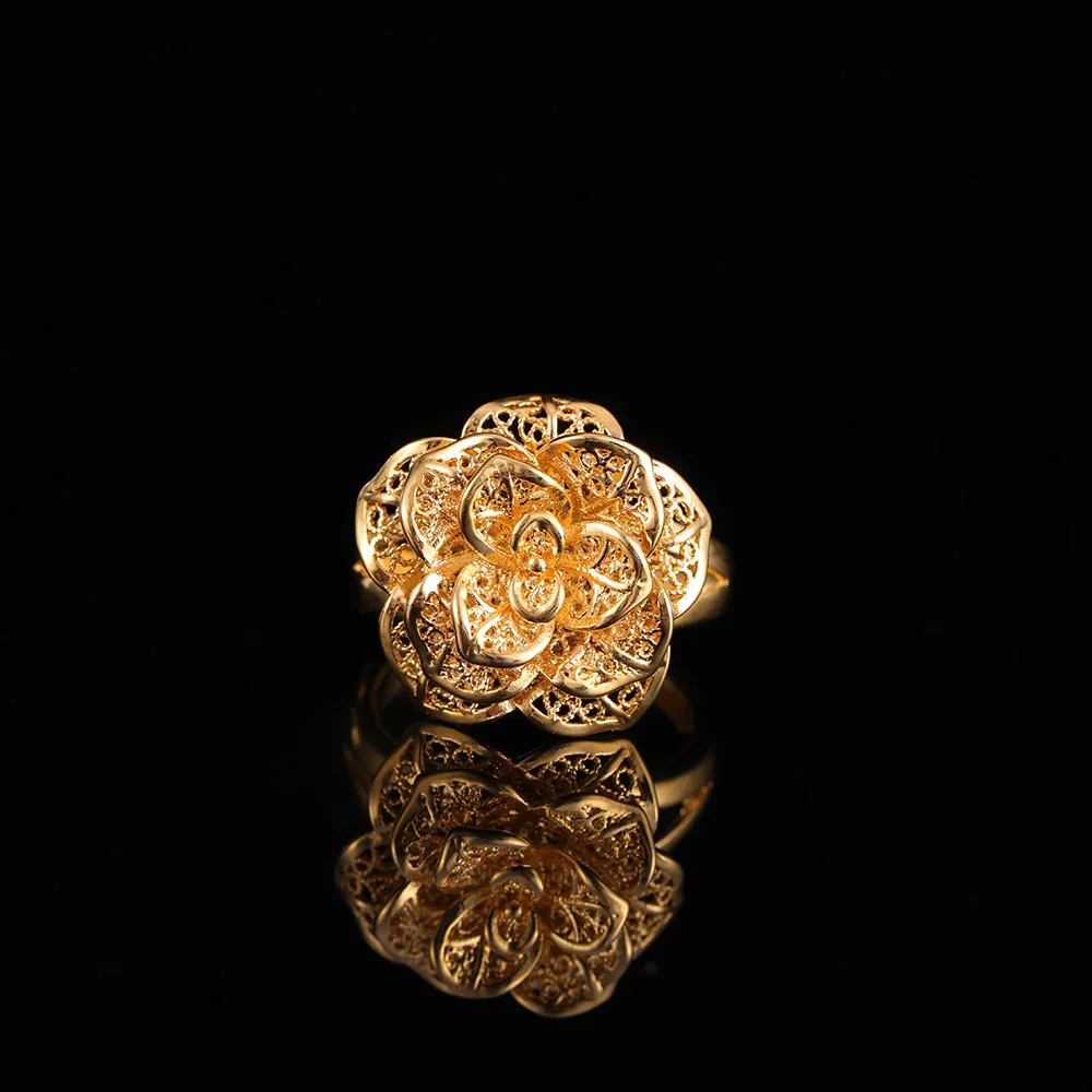 St.kunkka 24K Yellow Gold Filled Big Hollow Flower Ring For Woman's Wedding Party Statement Charm Ring 2018 New Fashion Jewelry