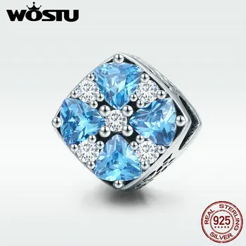 

WOSTU Authentic 925 Sterling Silver Radiant Sky Blue Stone Triangle Crystal CZ Square Beads fit Women Charm Bracelet BKC630