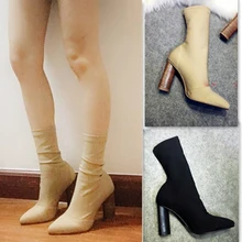 Fashion Ankle Elastischen Socke Stiefel Klobigen High Heels Stretch Frauen Frühling Sexy Booties mit spitz Kardashian Martin stiefel