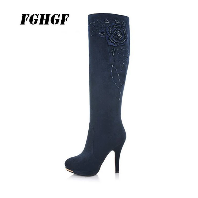 

Autumn winter knight boots water drill fine heel long boots high heel beaded embroider high boots thick bottom 40-43 big yards