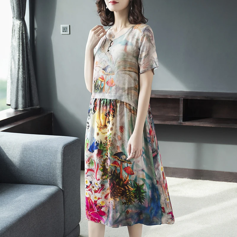 

2019 Summer High quality Silk V-neck Dress Women Clothes Elegant Mushroom Floral Print Mom Dress Party Dress Plus Size Vestidos