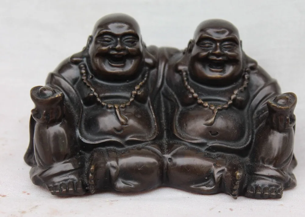 

004148 4" Chinese Bronze Double Happy Laugh Maitreya Buddha Wealth Yuanbao Bead Statue