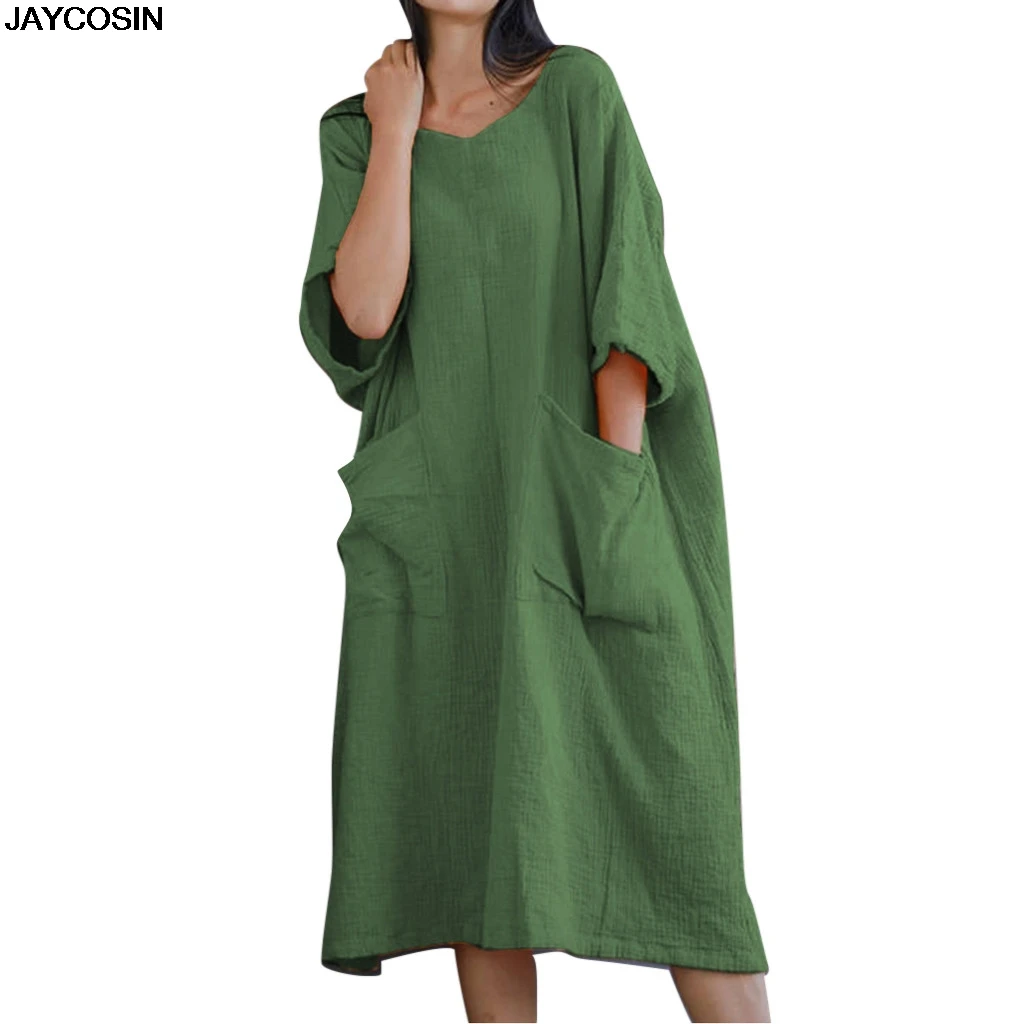 

JAYCOSIN dresses Summer Women Solid Half Sleeve Two Big Pockets Cotton And Linen Loose Casual Dress Sling Length Dresses 9416