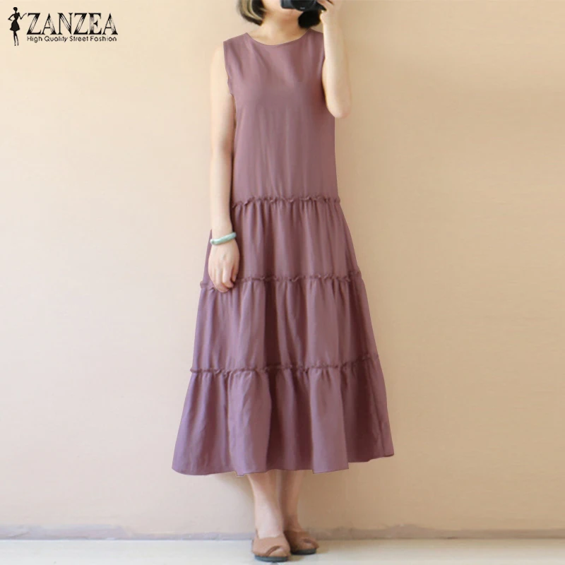 

2019 ZANZEA Summer Cotton Linen Dress Women O Neck Sleeveless Patchwork Casual Loose Solid Party Long Tanks Vestido Plus Size