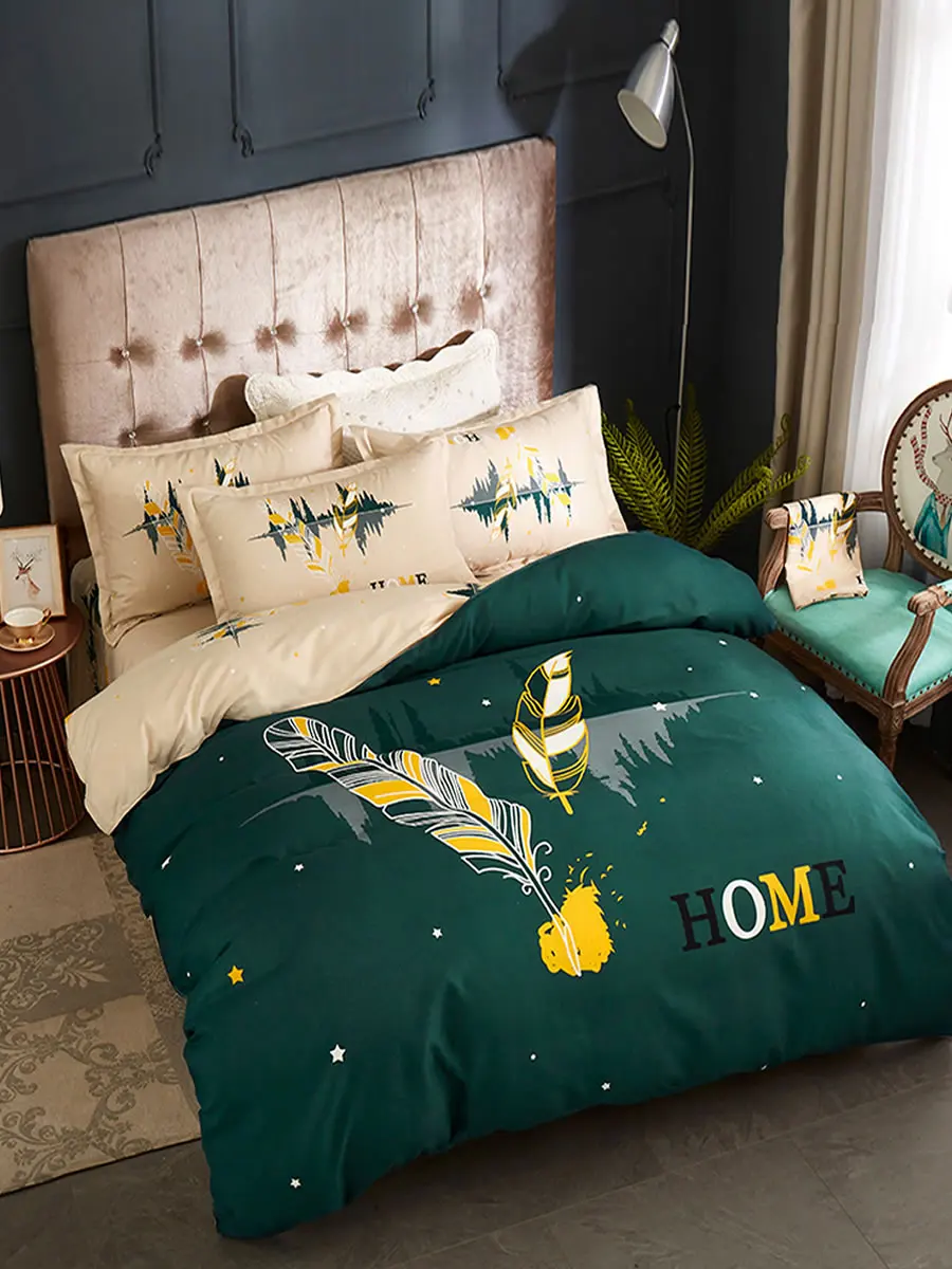 

4 Pcs Home Bedclothes Feather Printed Soft Cozy Bed Sheets