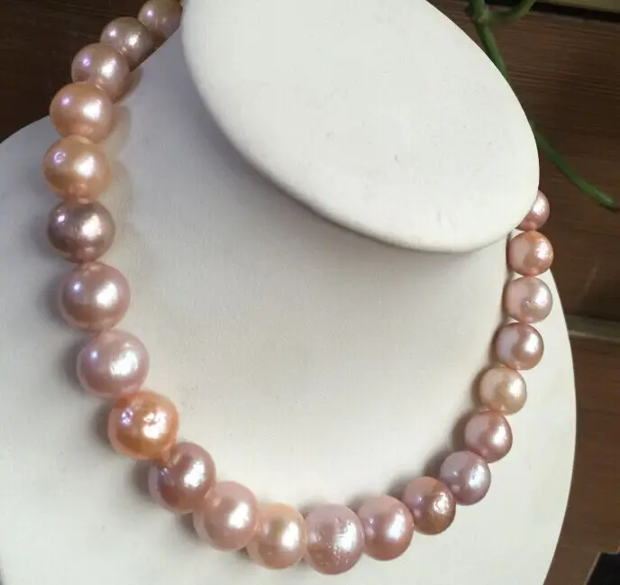 

huge 13-14mm AAA++ freshwater round multicolor pearl necklace 18inch 925silver