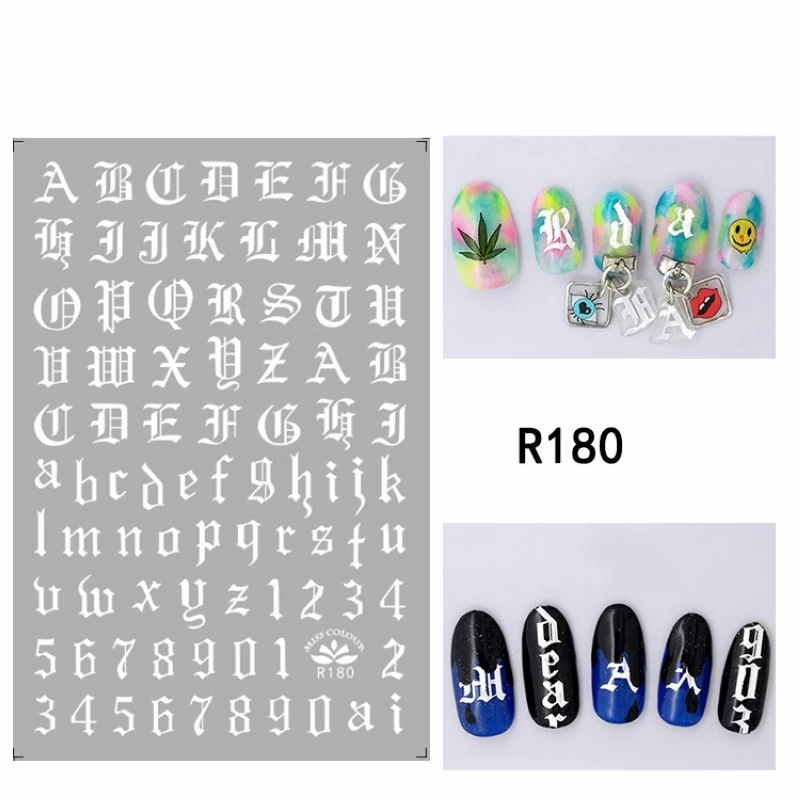 

1 Sheet Nail Art Sticker Adhesive White Hand Writing Words Letters Roman Numeral Geometry Line Love Kiss Manicure DIY Decal New