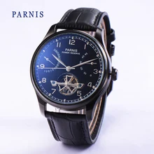 2016 Новый 43 мм Parnis Tourbillon Автоматическая Power Reserve Черный Циферблат PVD Случае Часы мужские Наручные Часы
