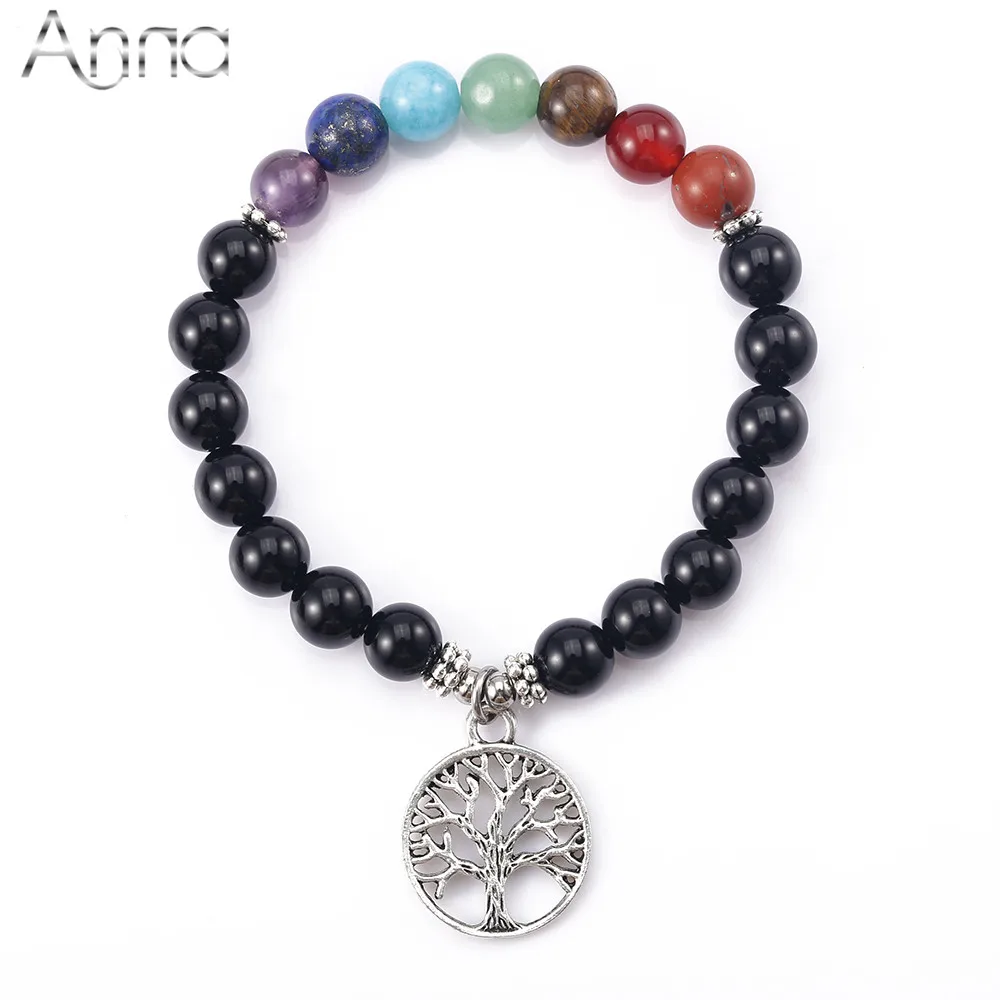 

TL Handmade 7 Chakra Bracelet Solid AAA+ Round Nature Black Carnelian Men Bracelets Stainless Steel Tree of Life Charm Bracelets