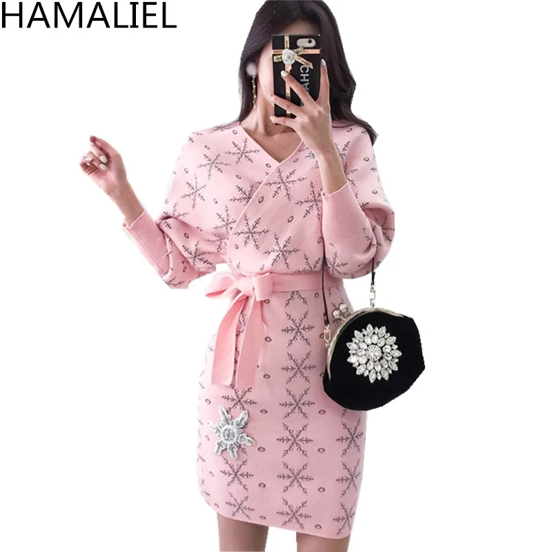 

Autumn Winter Woemn Pencil Knitting Dress 2018 Runway Pink Thick Print Snowflake Diamonds Batwing Sleeve Sashes Bodycon Dress