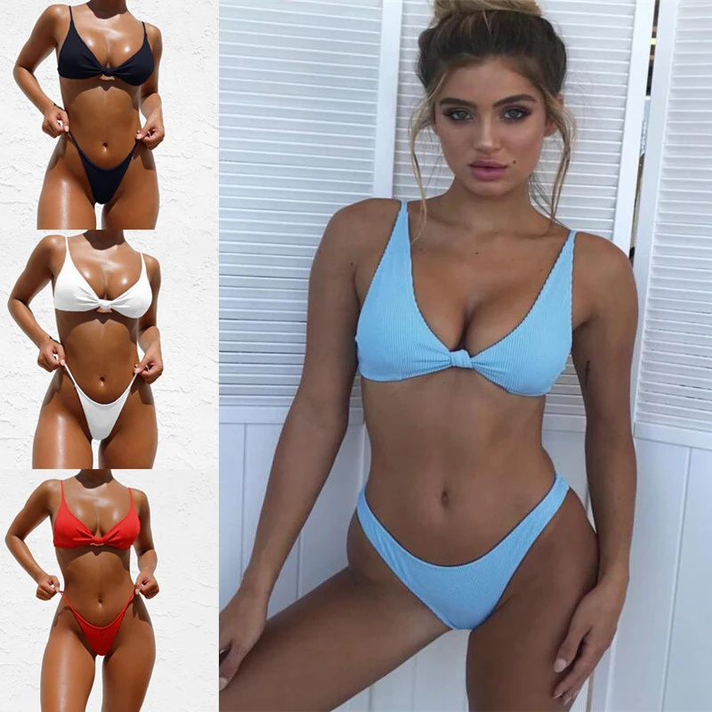 

Bikini 2019 Tie Knot Front Woman Swimsuit Push Up Swimwear High Waist Bath Suits Women Plavky High Biquine Sexy Swimswear Bikiny