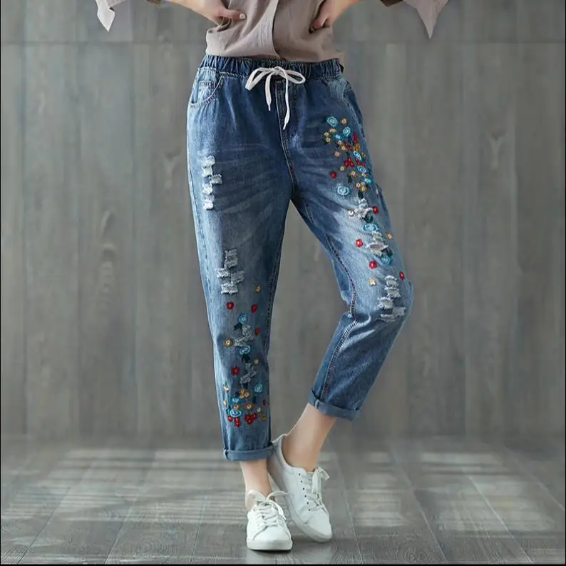 Весенние свободные женские джинсы с цветочной вышивкой, Новые повседневные винтажные отбеленные джинсы-шаровары длиной до щиколотки с эластичной резинкой на талии, B249 - Цвет: blue