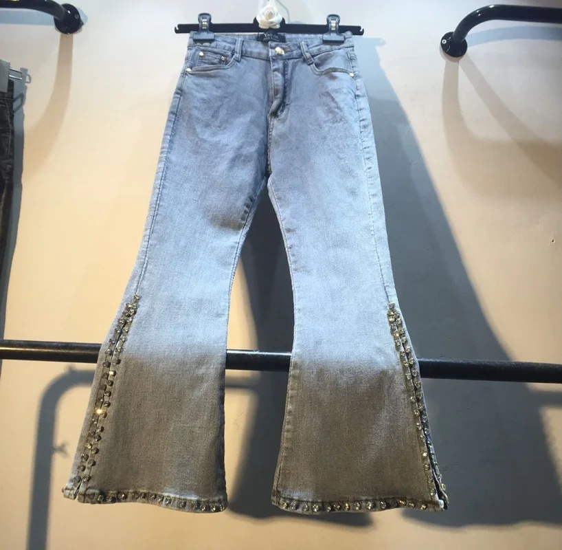 

Spring Autumn Womens Hand Beads Drilling High Waist Elastic Side Open Fork Horn Jeans Female Lady Vintage Denim Pants Streetwear