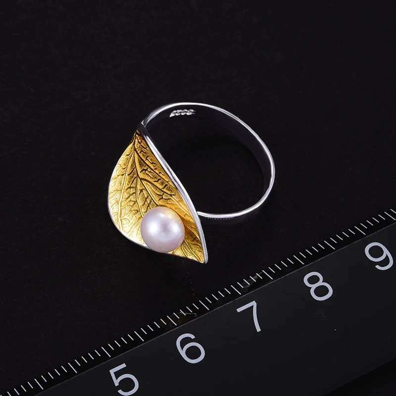 Lotus Fun Real 925 Sterling Silver Natural Pearl 18K Gold Leaf Ring Fine Jewelry Creative Designer Open Rings for Women Bijoux