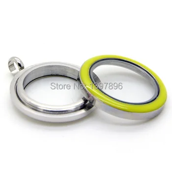 

Round diameter 25mm enamel yellow stainless steel screw crystal glass memory floating locket
