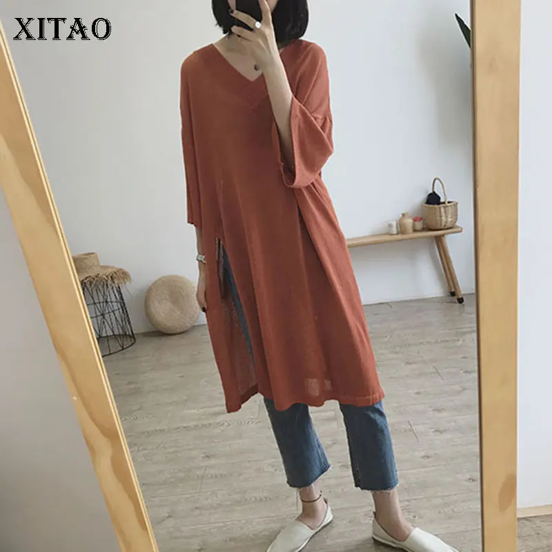 

XITAO Vintage Split Thin Sweater Women Korea Fashion New 2019 Pullover Knitted Wild Joker Long Perspective Elegant WLD1976