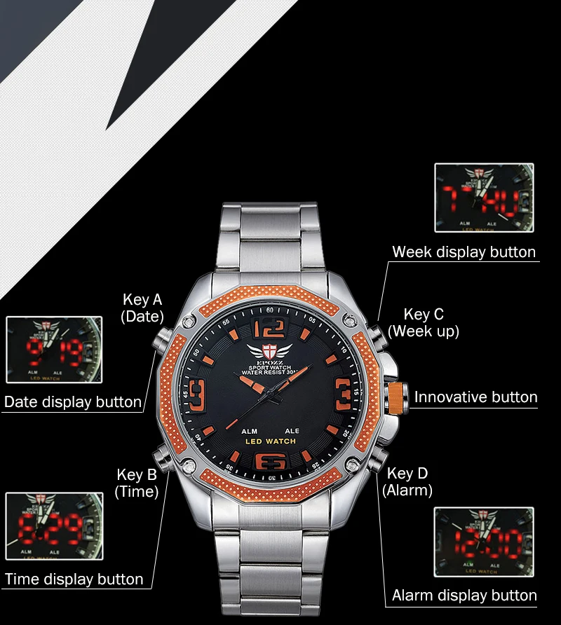 EPOZZ серебро Нержавеющая сталь мужские часы светодиодный дисплей цифровой Кварцевые Спортивные Relogio Masculino красный цвет сплав 3 АТМ водонепроницаемый