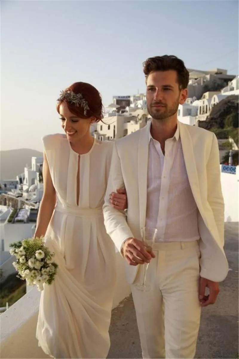 ivory wedding dress and white groom shirt