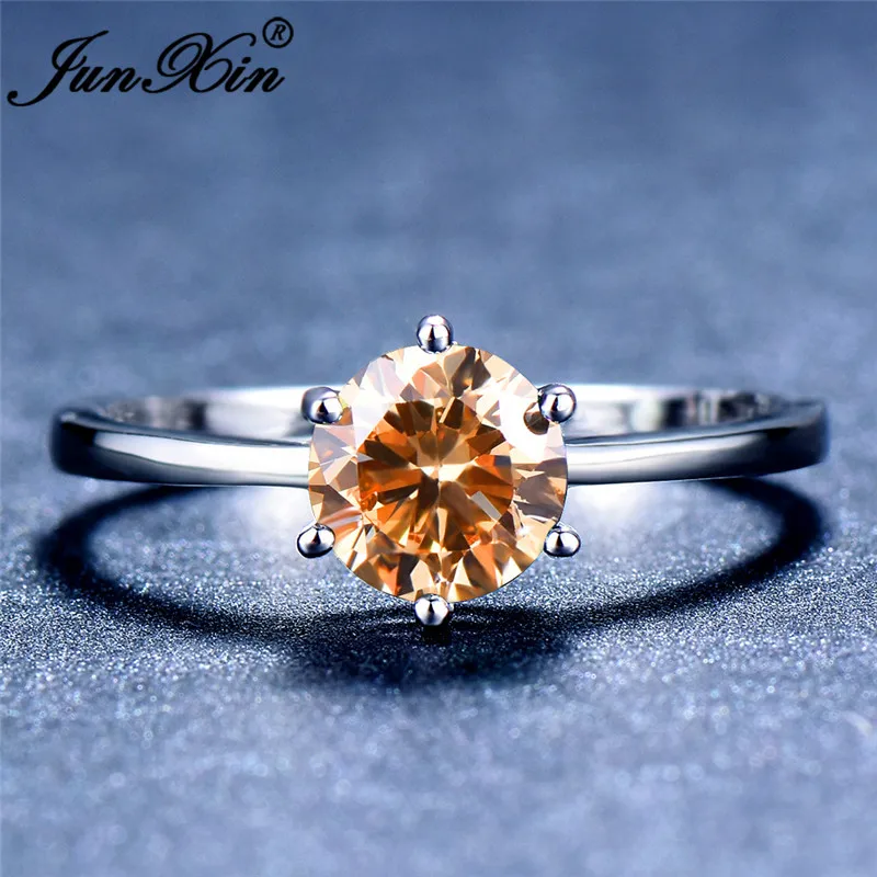 JUNXIN, многоцветные кольца с камнем радуги, огненным камнем для женщин, 925 пробы, заполненные серебром, фиолетовый, синий, циркон, тонкое свадебное кольцо - Цвет основного камня: Champagne Ring